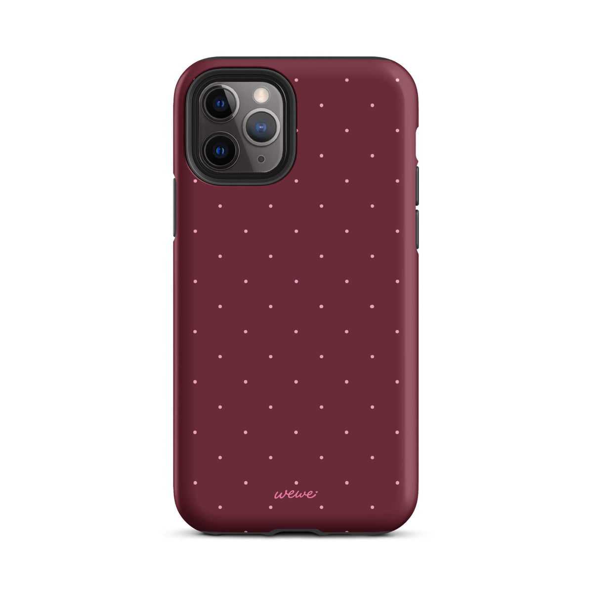 Deep burgundy iPhone case with evenly spaced tiny pale-pink micro dots