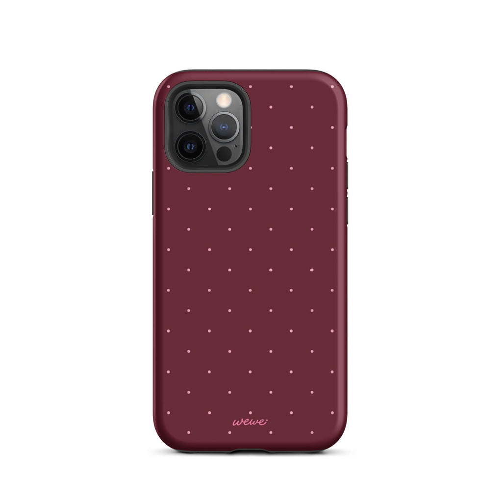 Deep burgundy iPhone case with evenly spaced tiny pale-pink micro dots
