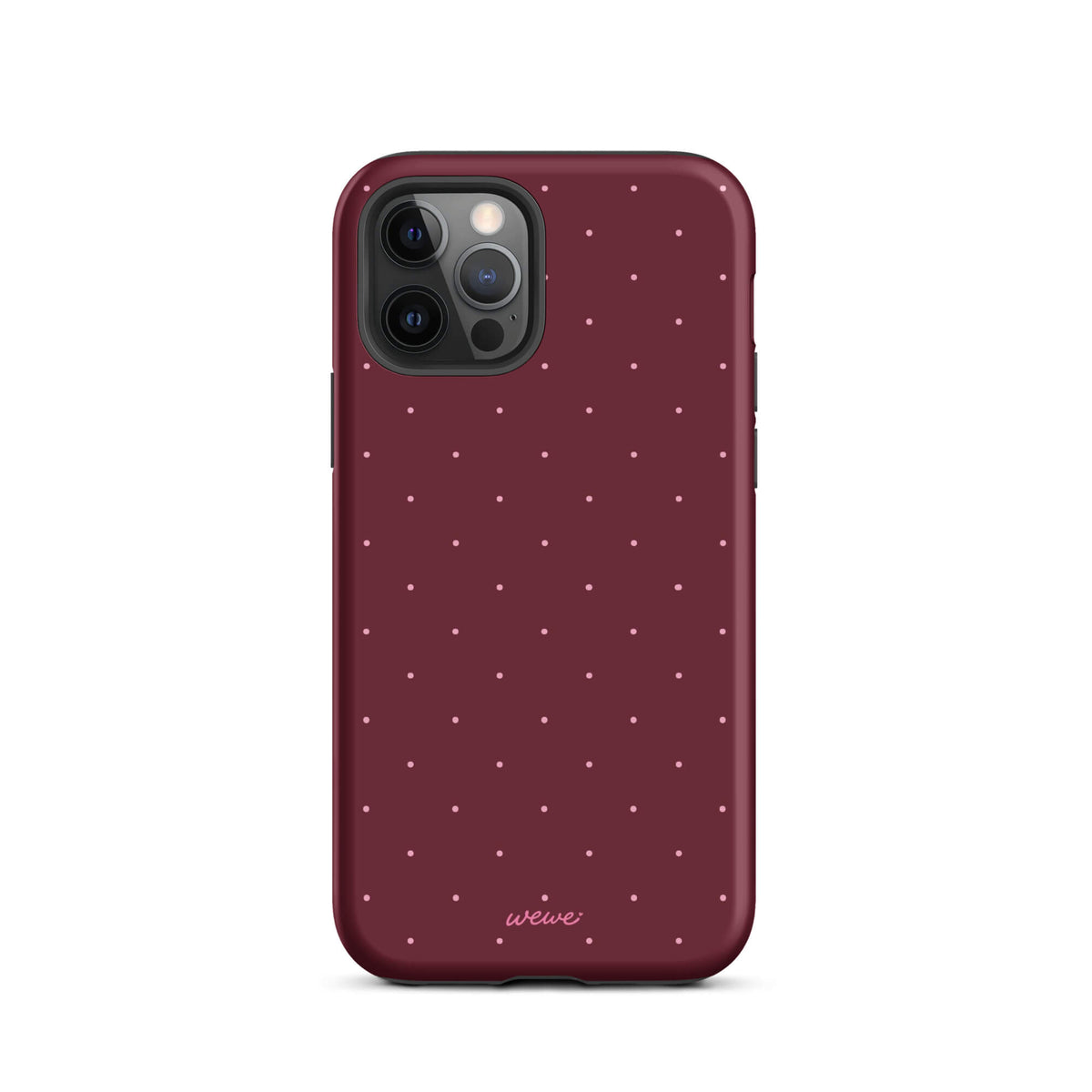 Deep burgundy iPhone case with evenly spaced tiny pale-pink micro dots