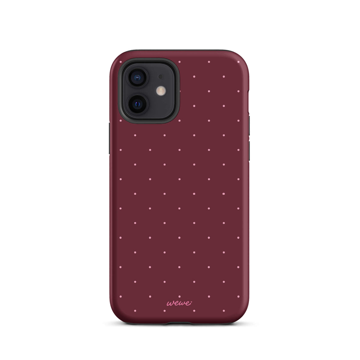Deep burgundy iPhone case with evenly spaced tiny pale-pink micro dots