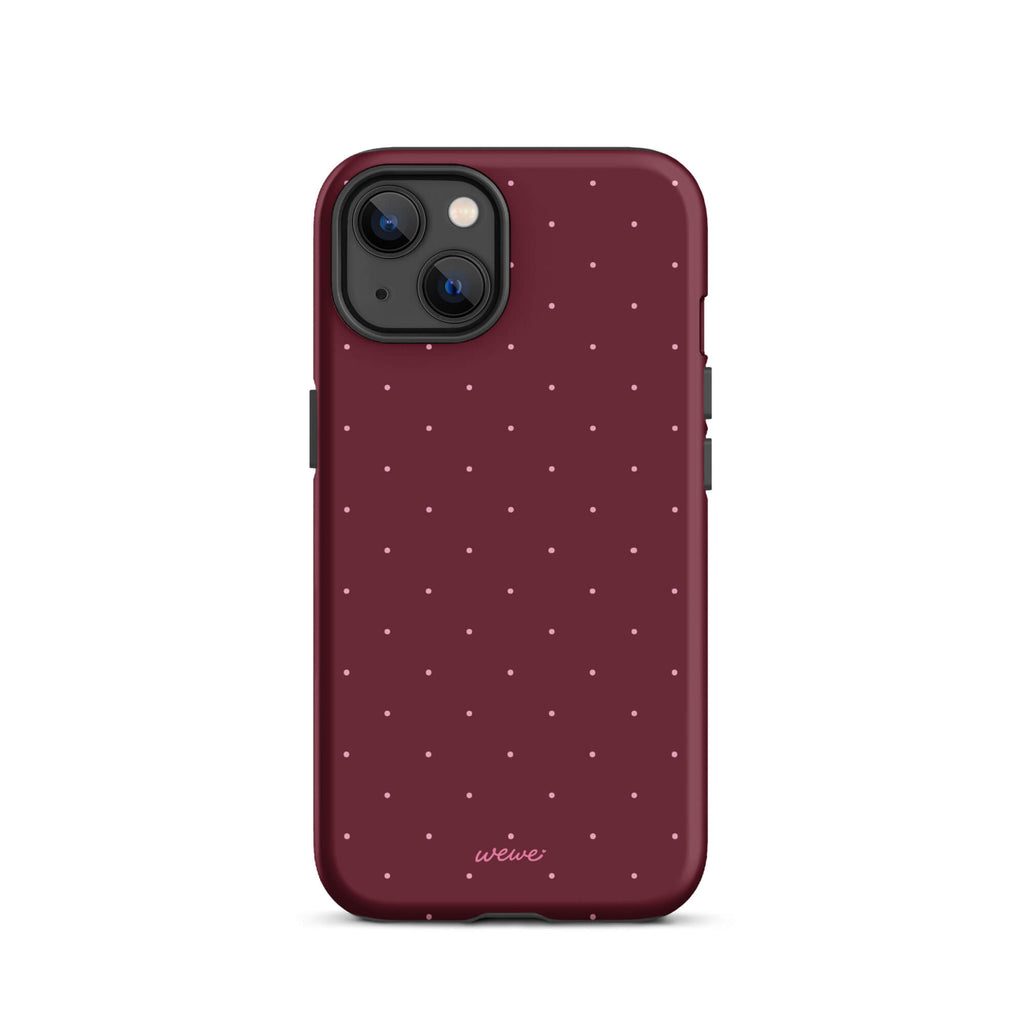 Deep burgundy iPhone case with evenly spaced tiny pale-pink micro dots