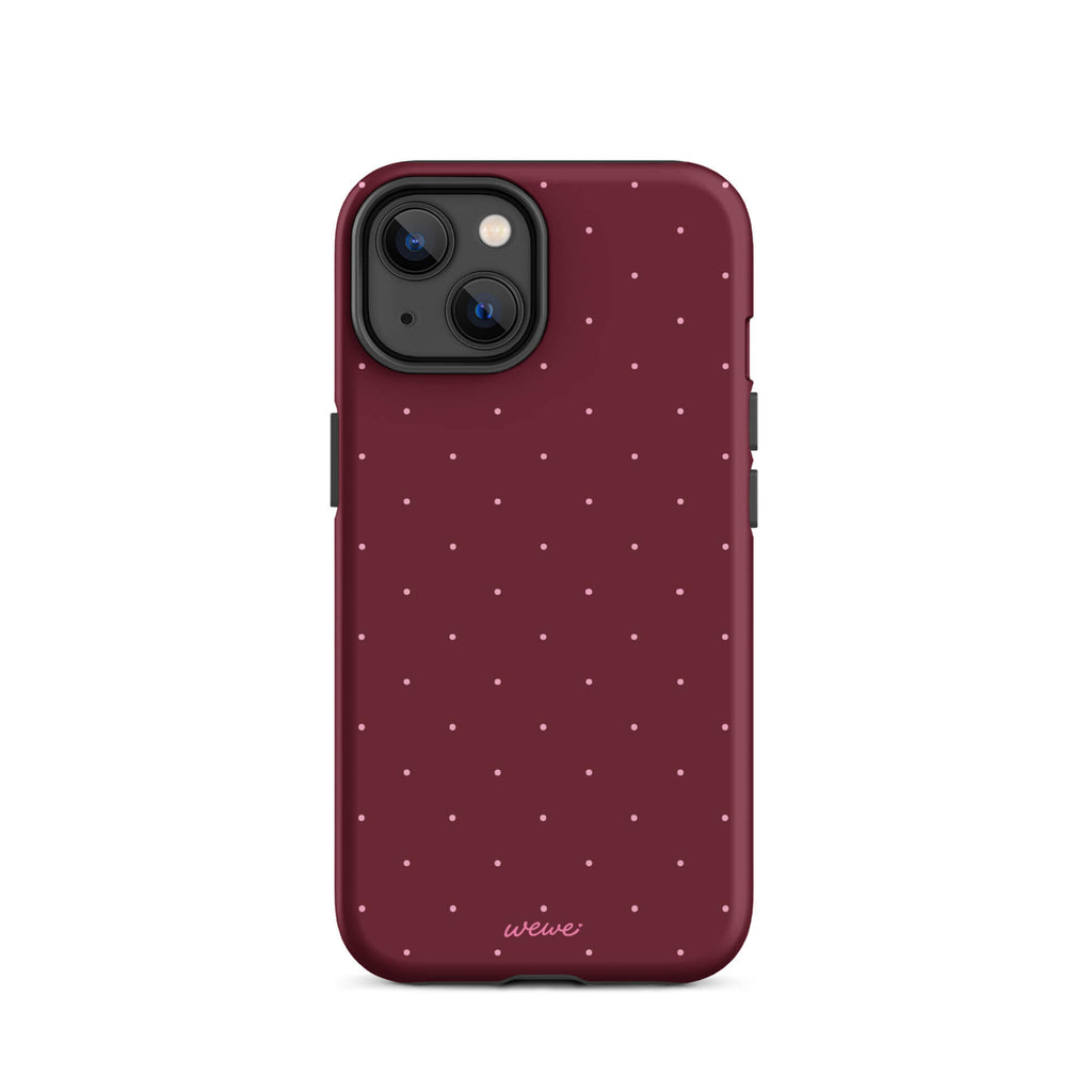 Deep burgundy iPhone case with evenly spaced tiny pale-pink micro dots