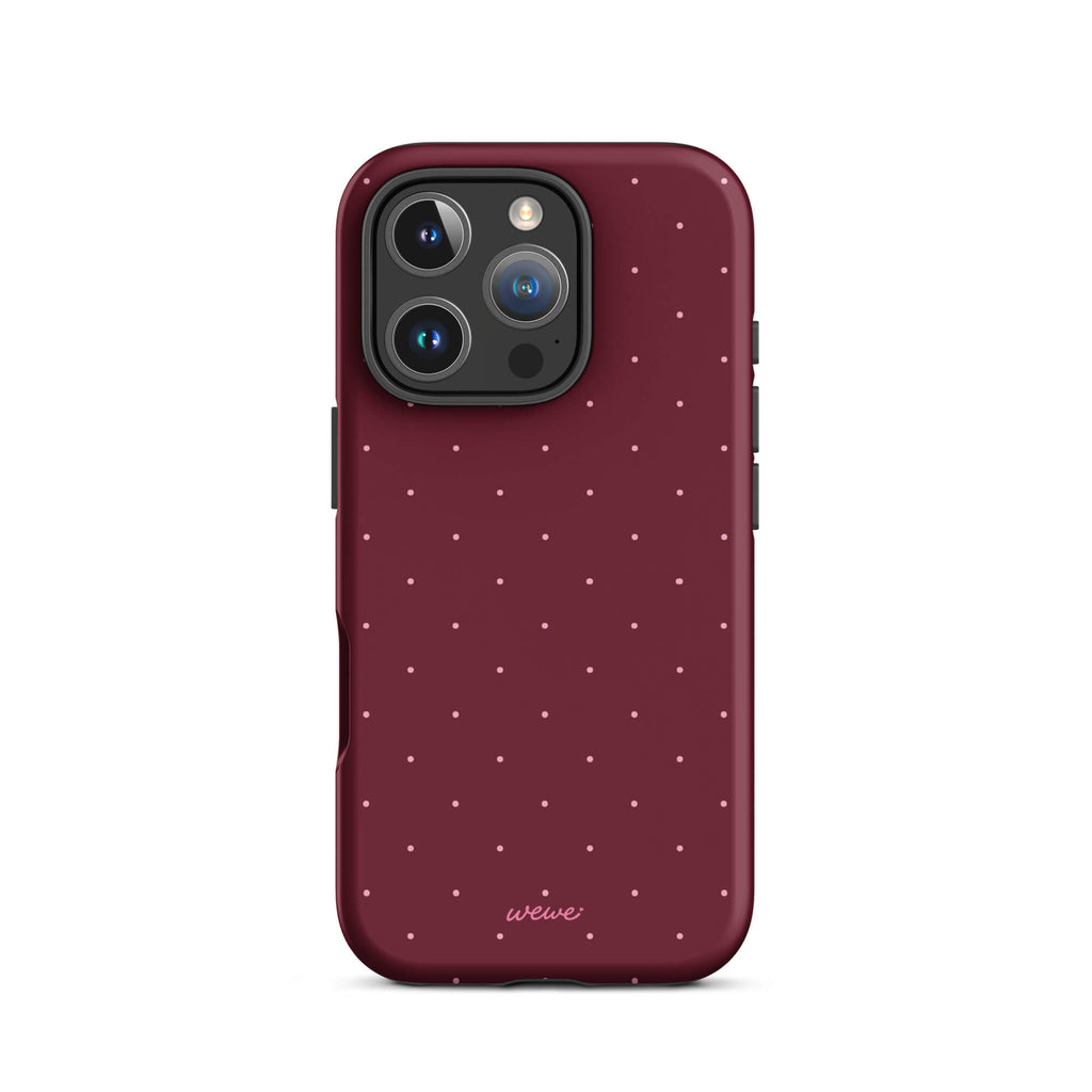 Deep burgundy iPhone case with evenly spaced tiny pale-pink micro dots