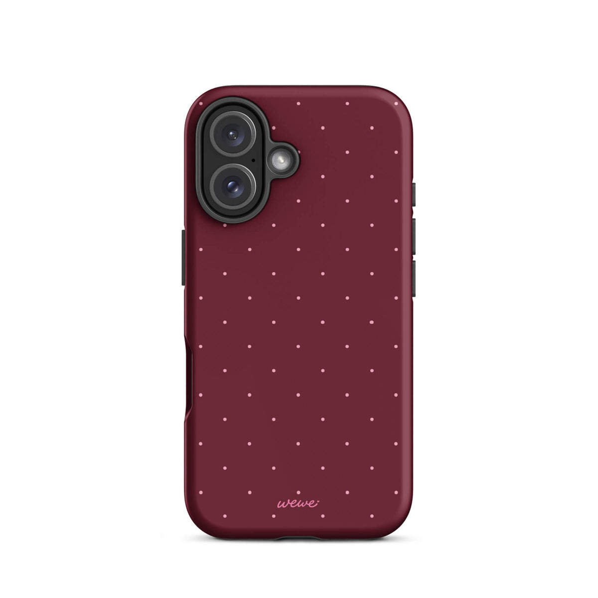 Deep burgundy iPhone case with evenly spaced tiny pale-pink micro dots