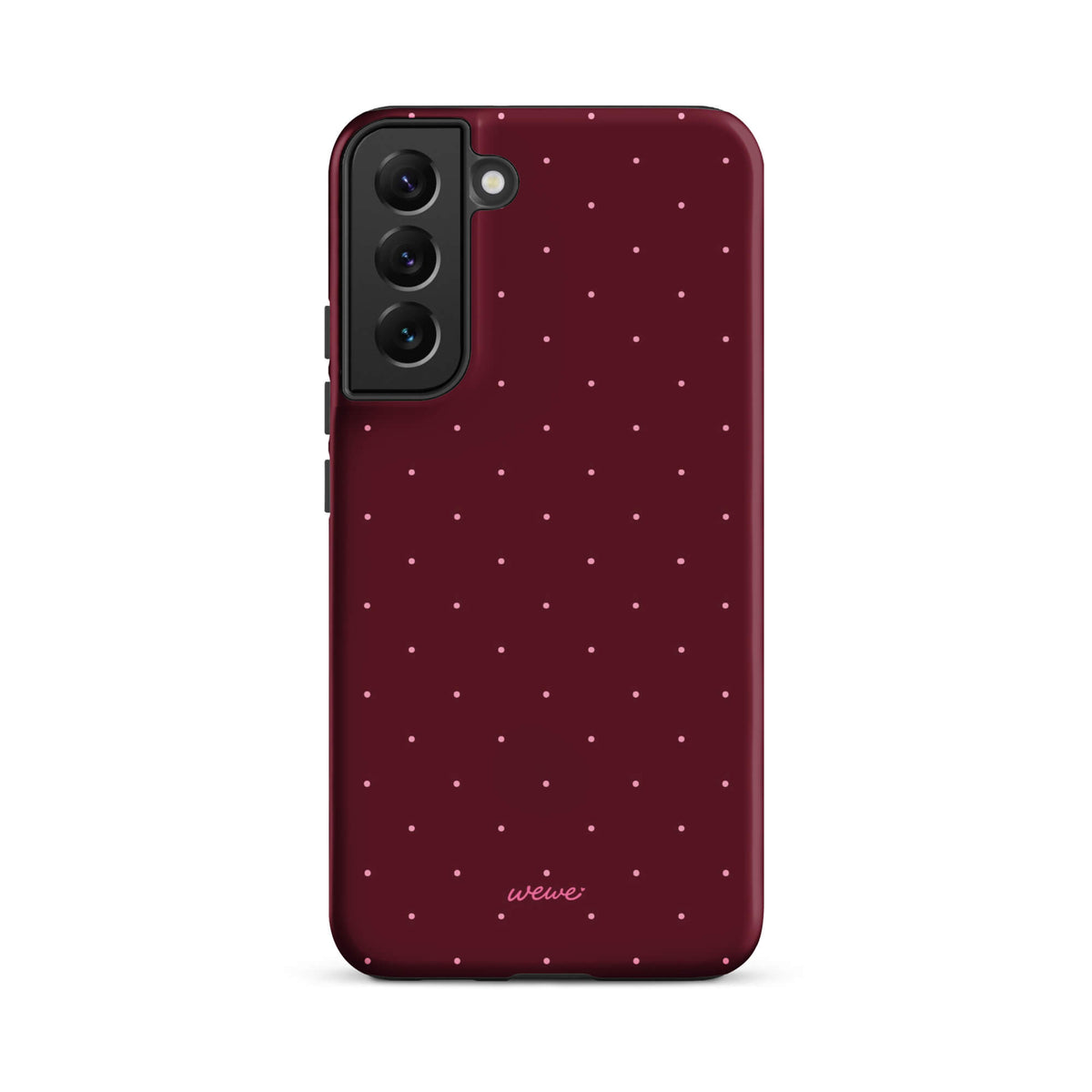 Deep burgundy iPhone case with evenly spaced tiny pale-pink micro dots