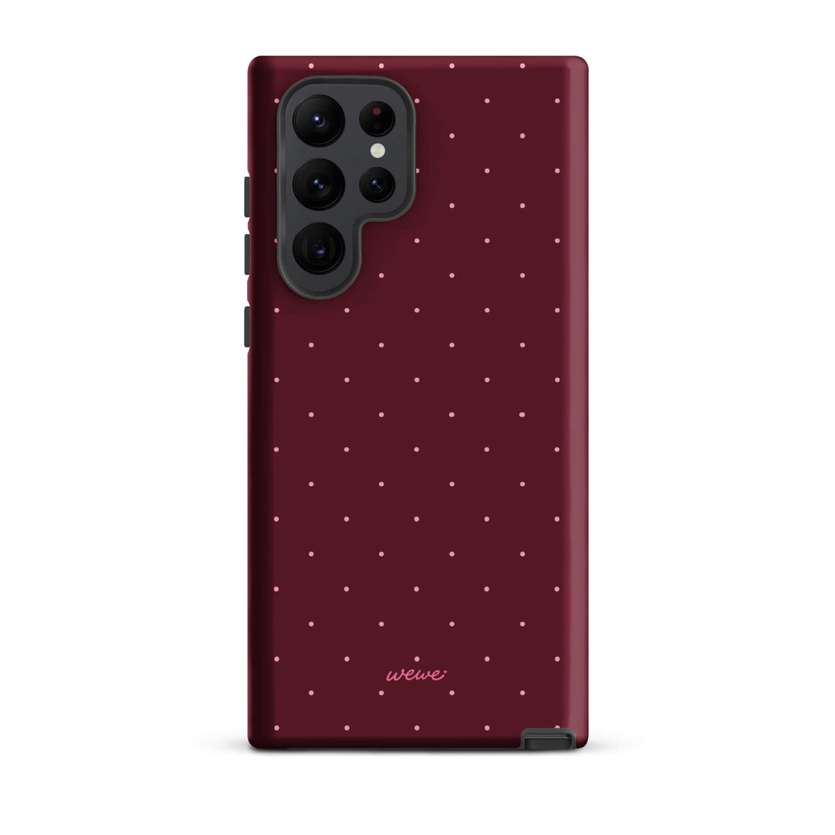Deep burgundy iPhone case with evenly spaced tiny pale-pink micro dots