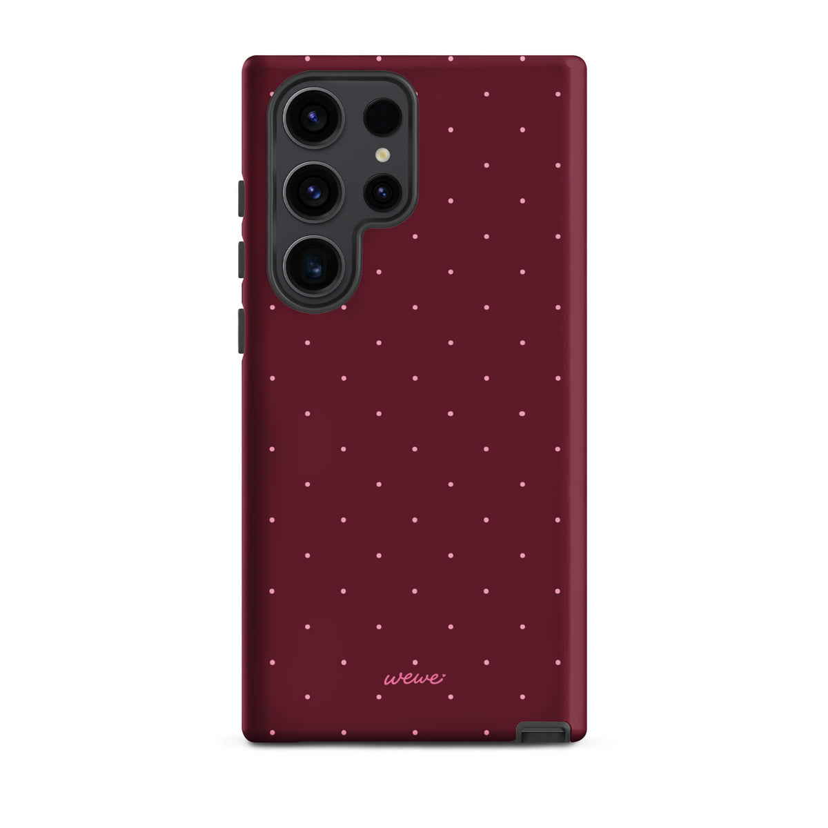 Deep burgundy iPhone case with evenly spaced tiny pale-pink micro dots