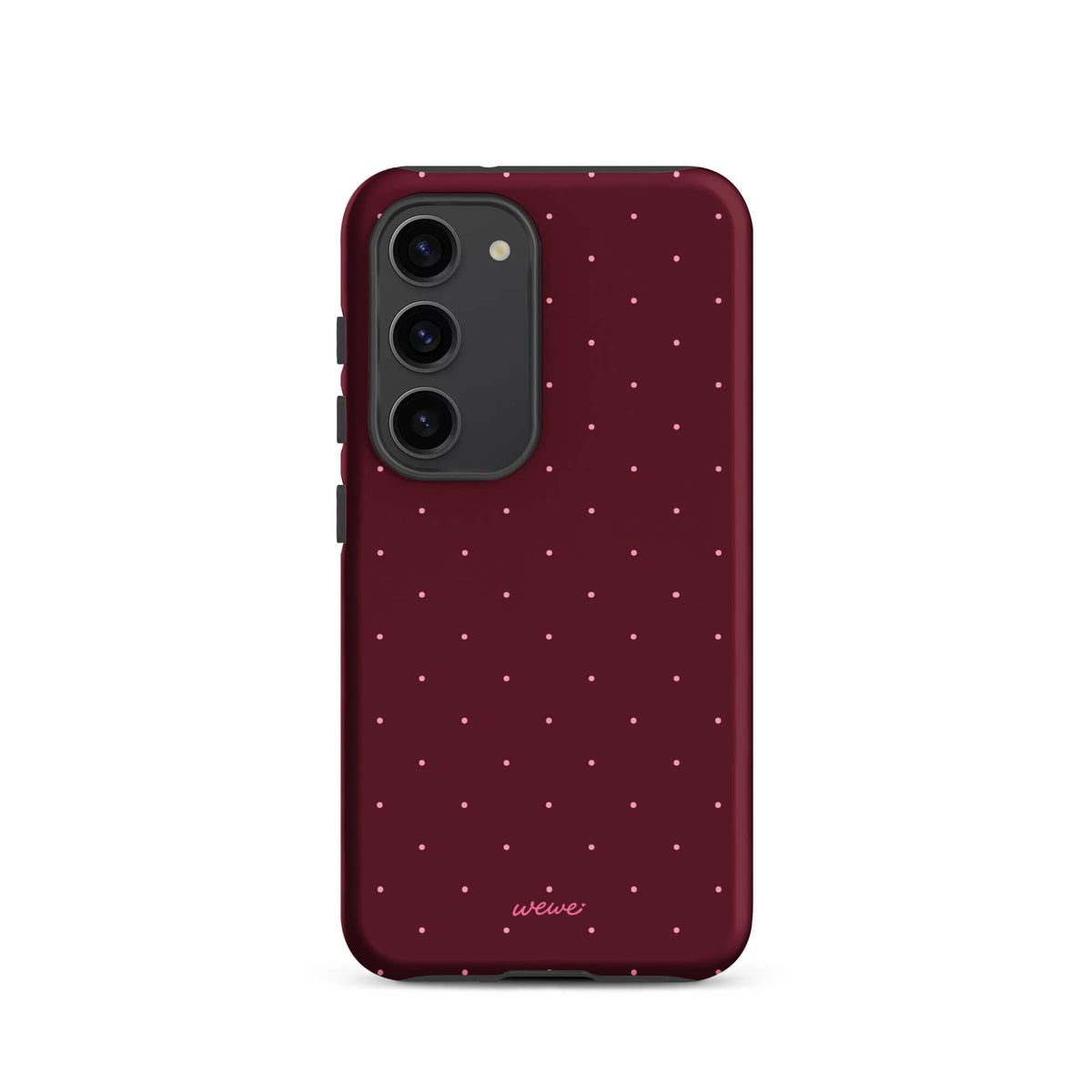 Deep burgundy iPhone case with evenly spaced tiny pale-pink micro dots