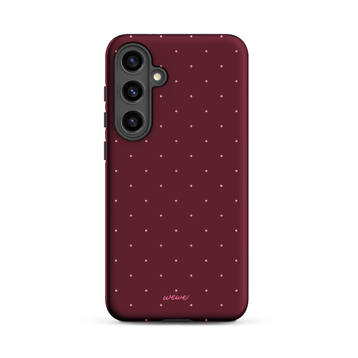 Deep burgundy iPhone case with evenly spaced tiny pale-pink micro dots