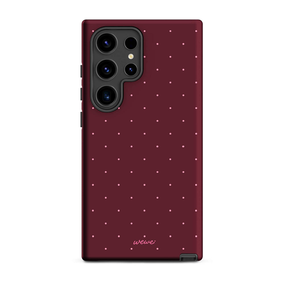 Deep burgundy iPhone case with evenly spaced tiny pale-pink micro dots