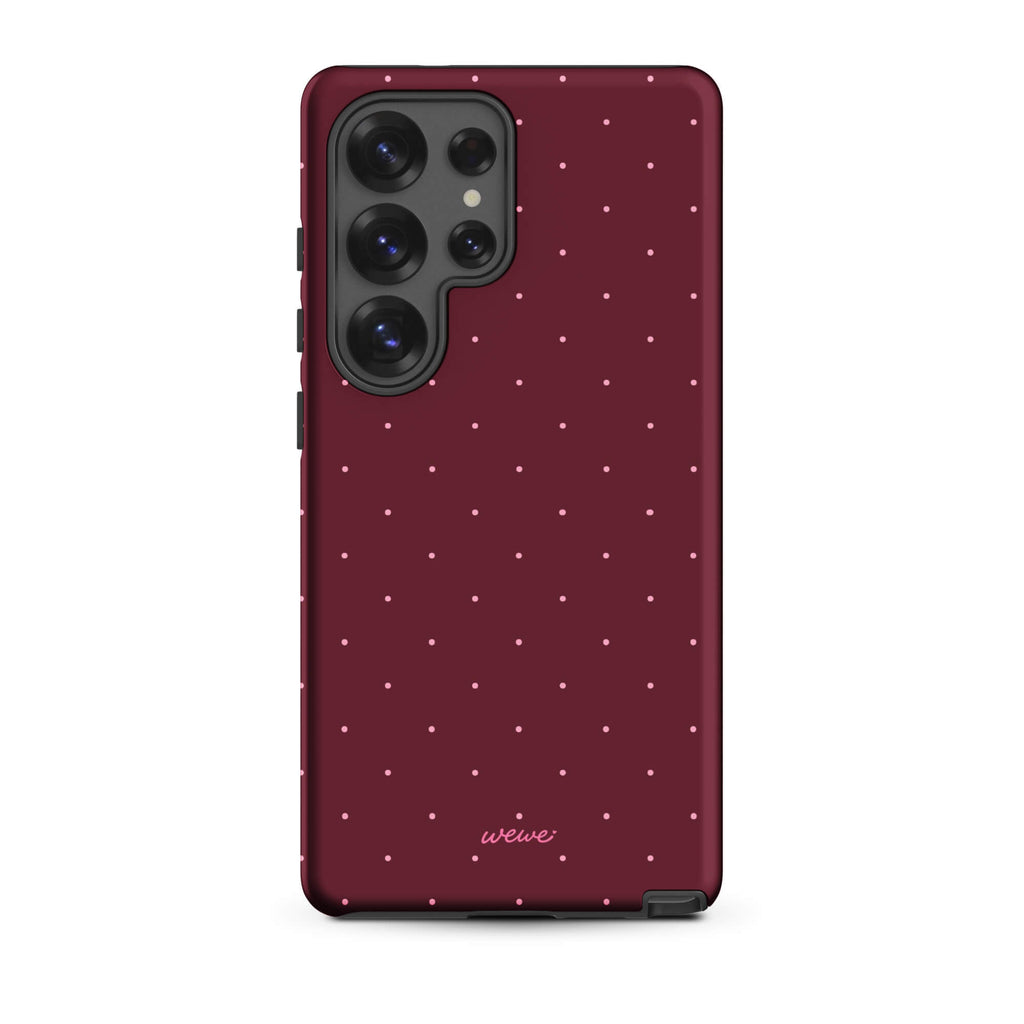Deep burgundy iPhone case with evenly spaced tiny pale-pink micro dots