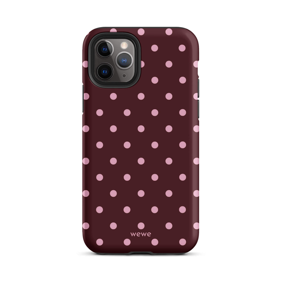 Deep burgundy iPhone case with evenly spaced soft-pink polka dots