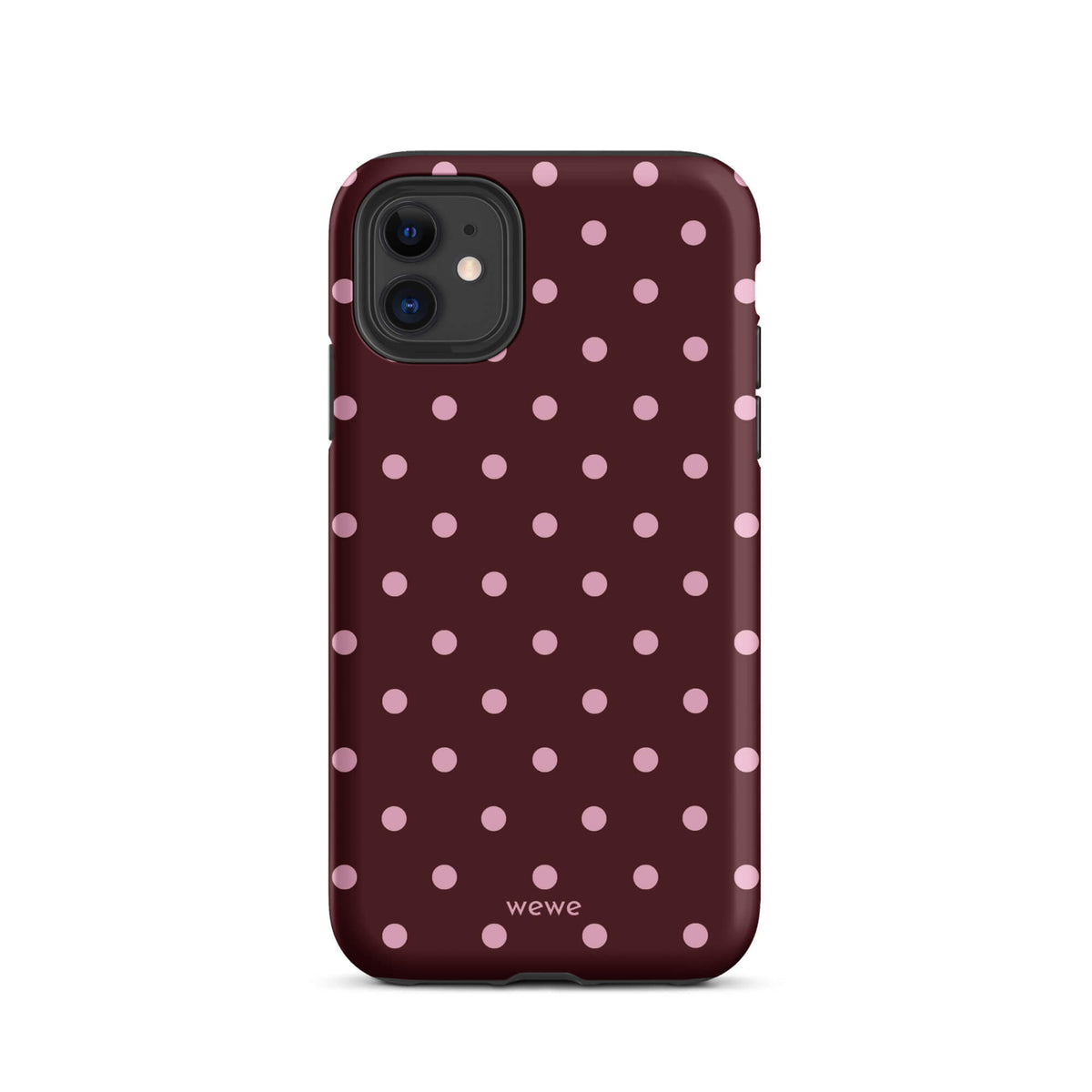 Deep burgundy iPhone case with evenly spaced soft-pink polka dots