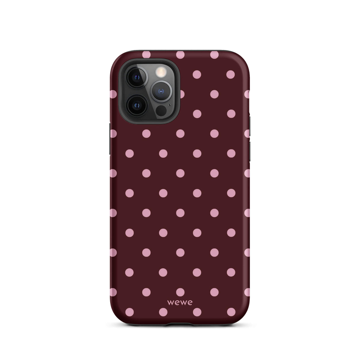 Deep burgundy iPhone case with evenly spaced soft-pink polka dots