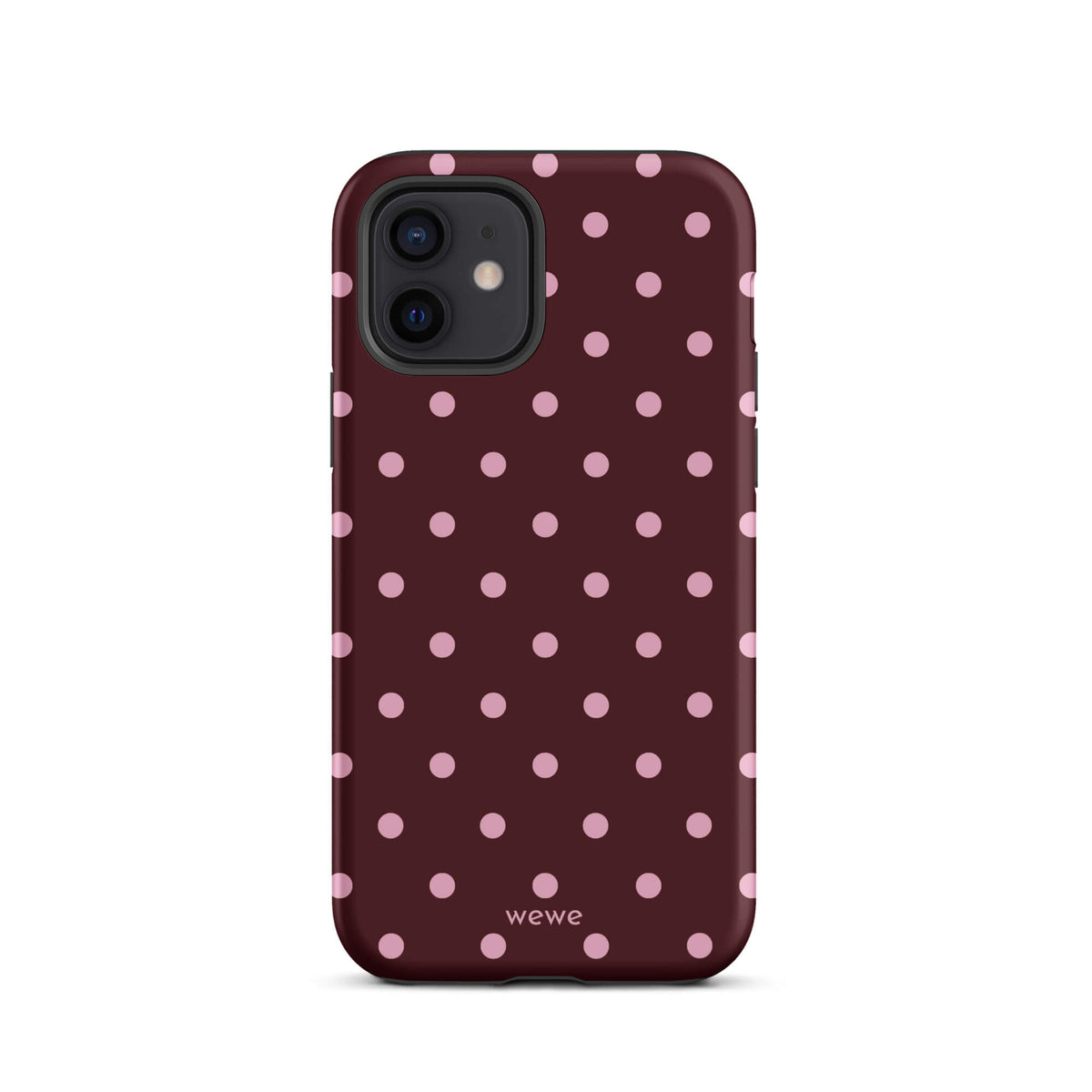 Deep burgundy iPhone case with evenly spaced soft-pink polka dots