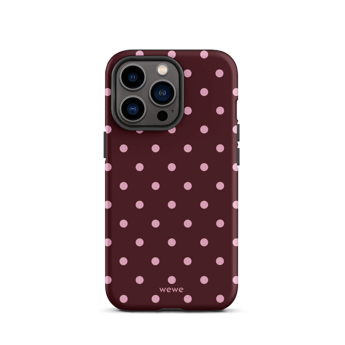 Deep burgundy iPhone case with evenly spaced soft-pink polka dots