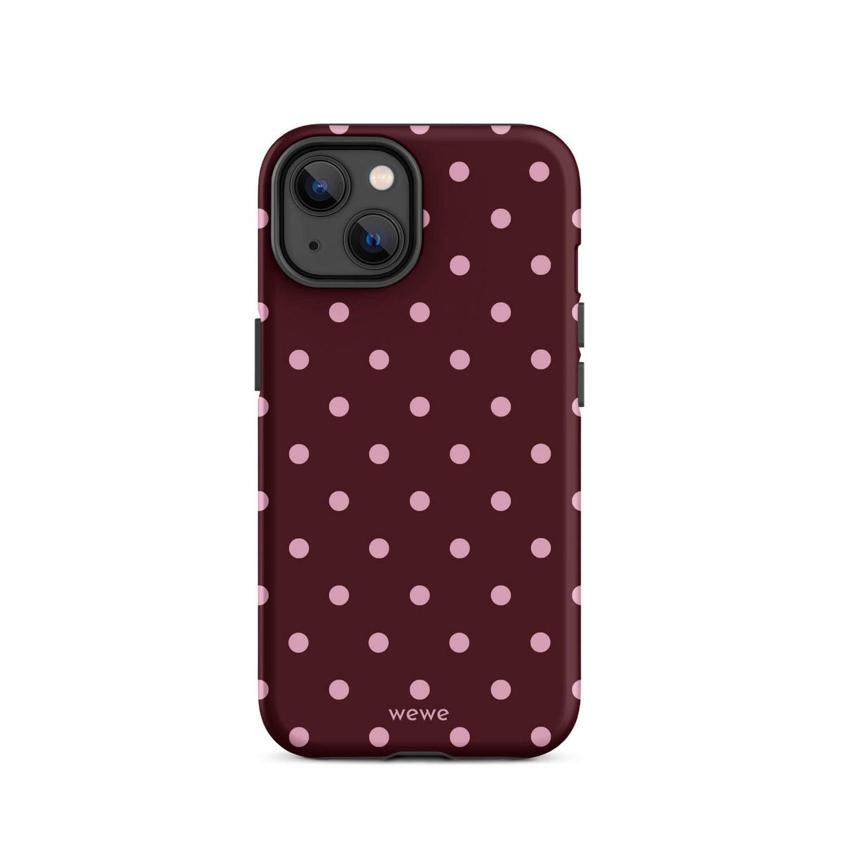Deep burgundy iPhone case with evenly spaced soft-pink polka dots