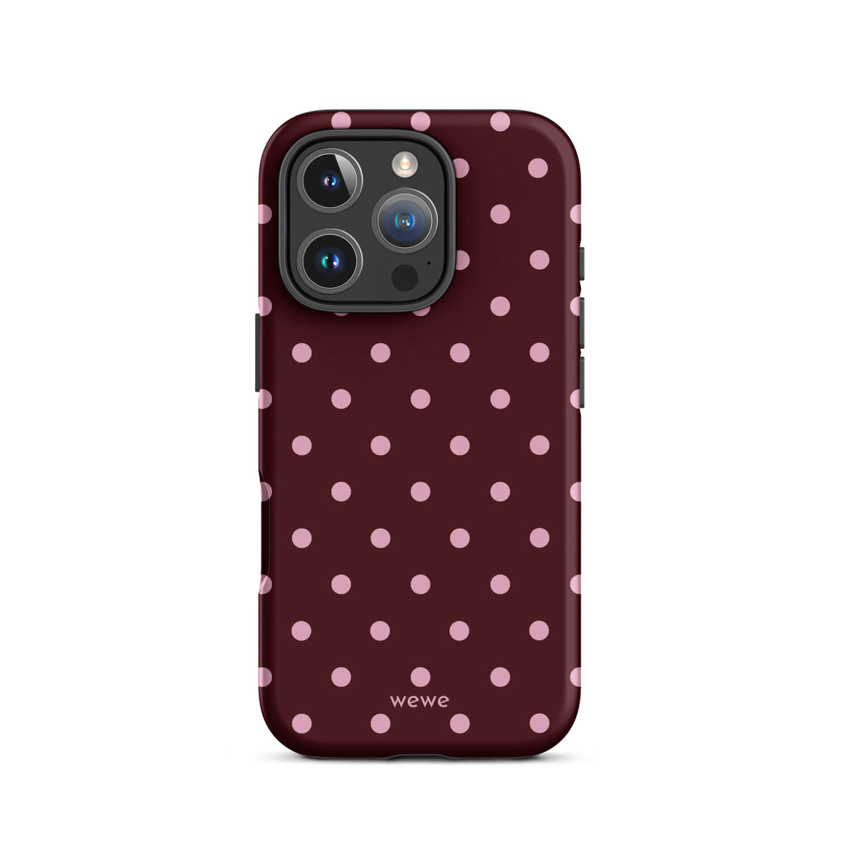 Deep burgundy iPhone case with evenly spaced soft-pink polka dots