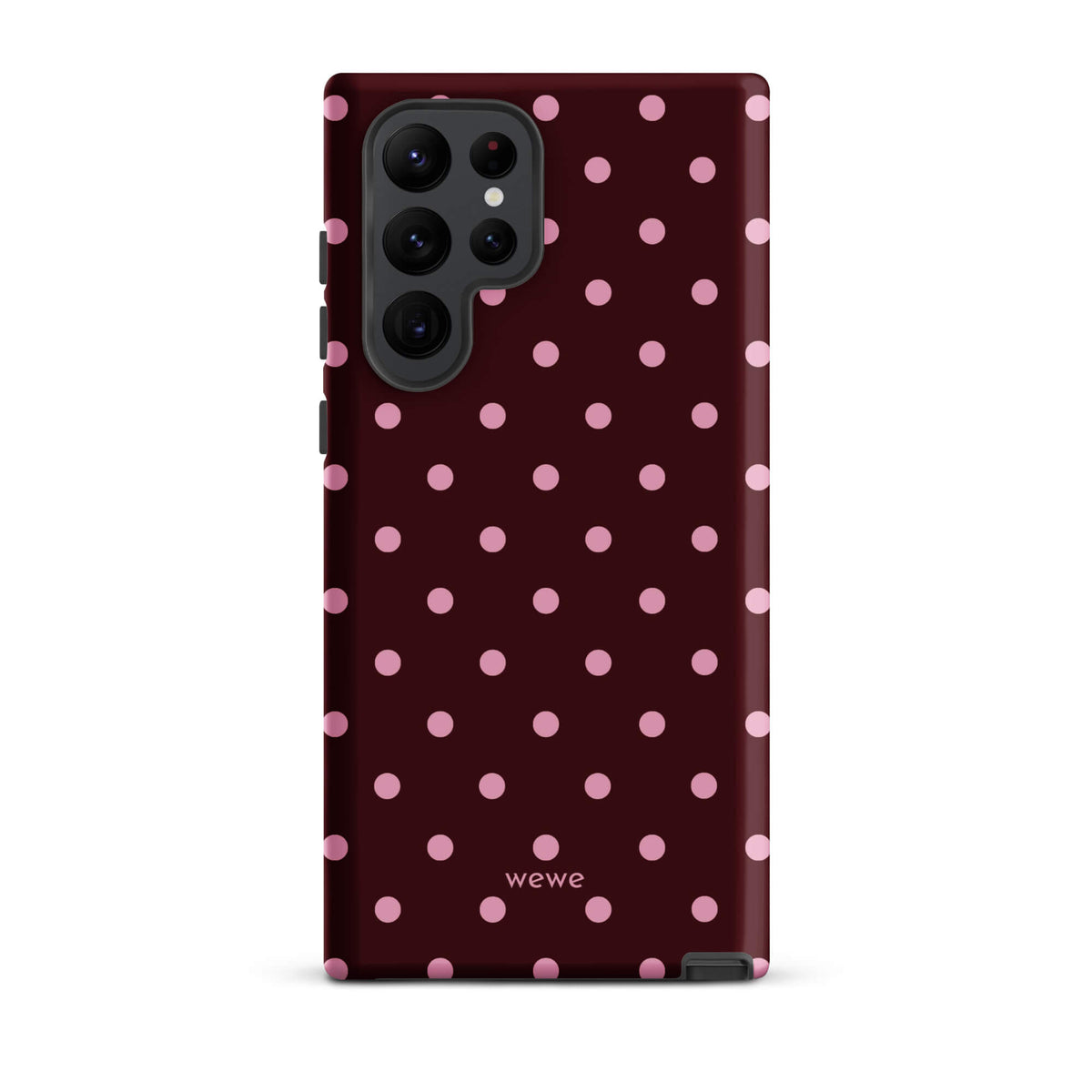 Deep burgundy iPhone case with evenly spaced soft-pink polka dots
