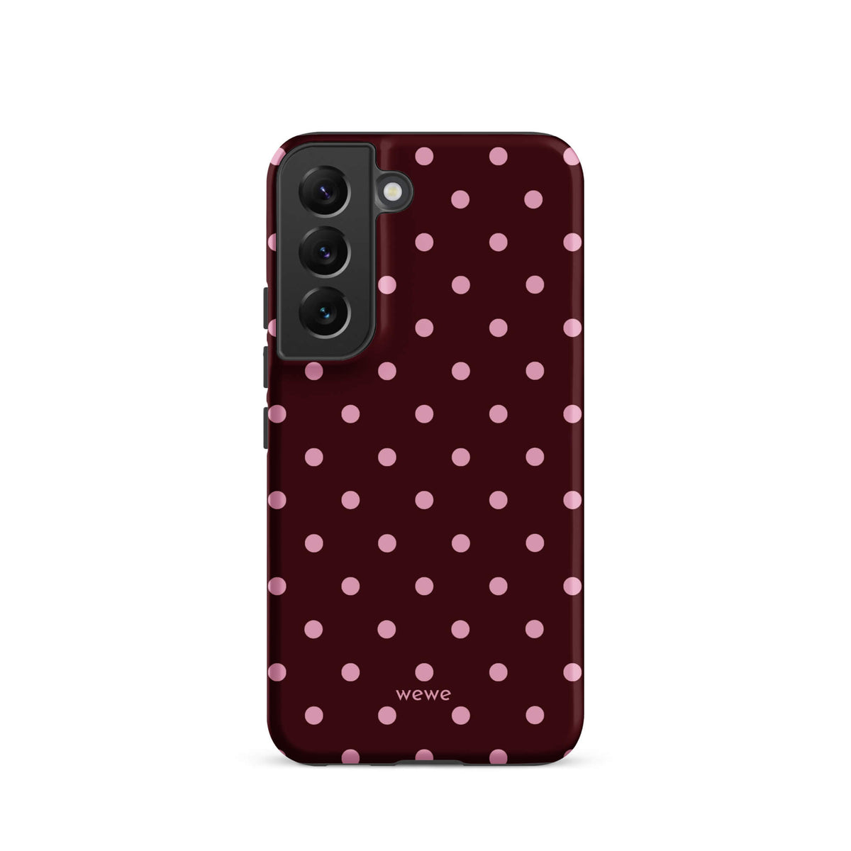 Deep burgundy iPhone case with evenly spaced soft-pink polka dots