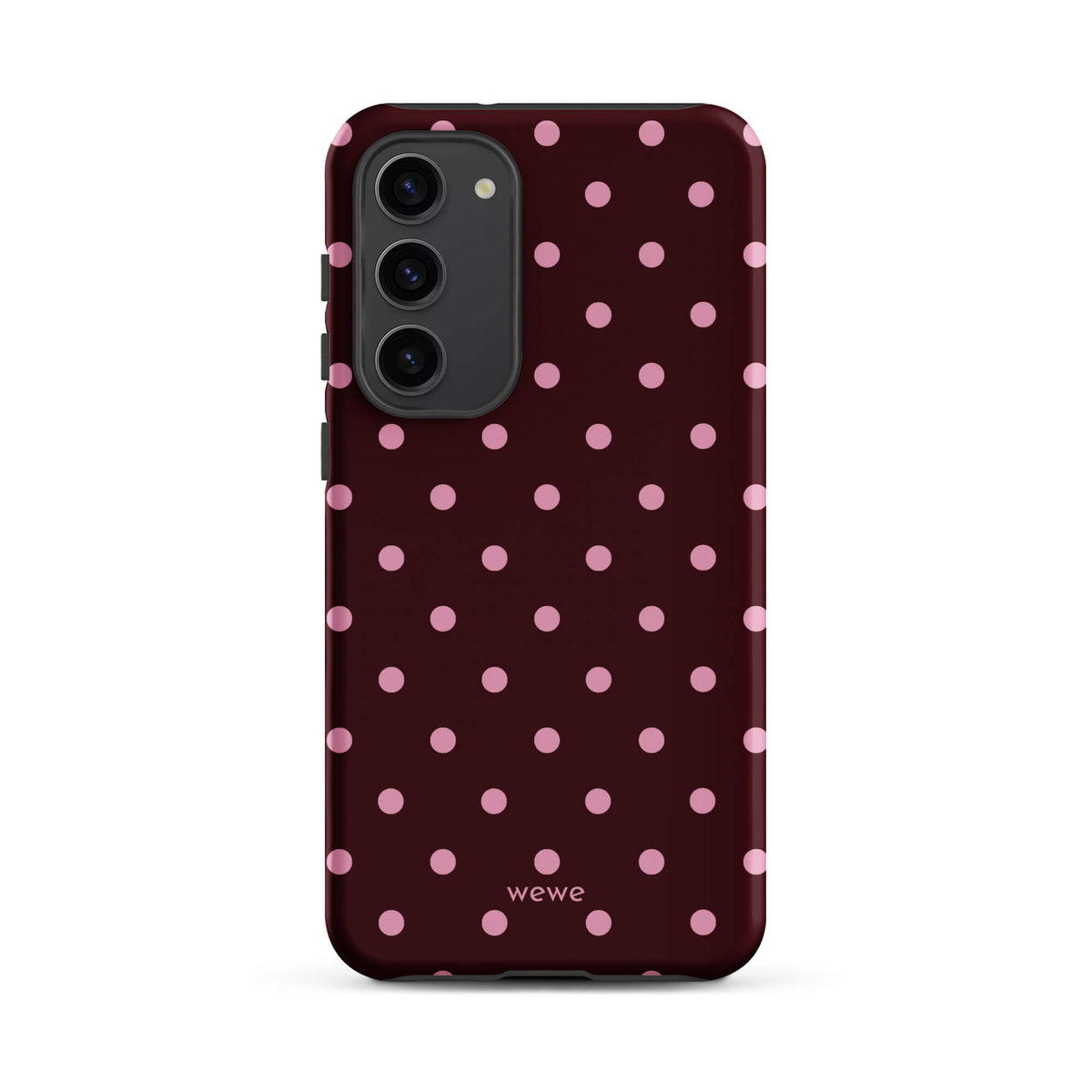 Deep burgundy iPhone case with evenly spaced soft-pink polka dots