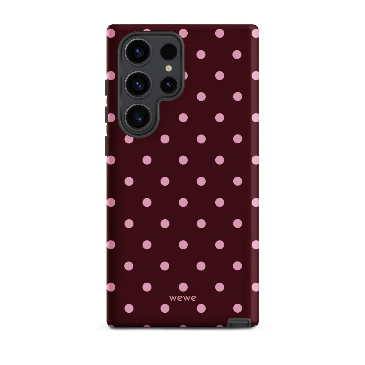 Deep burgundy iPhone case with evenly spaced soft-pink polka dots