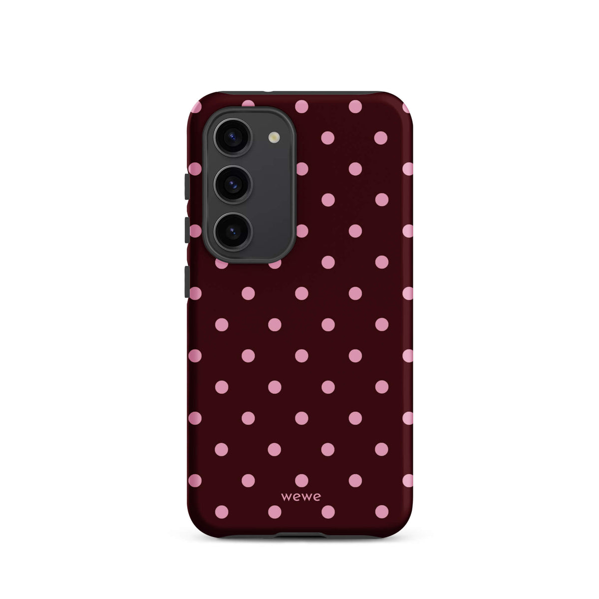 Deep burgundy iPhone case with evenly spaced soft-pink polka dots