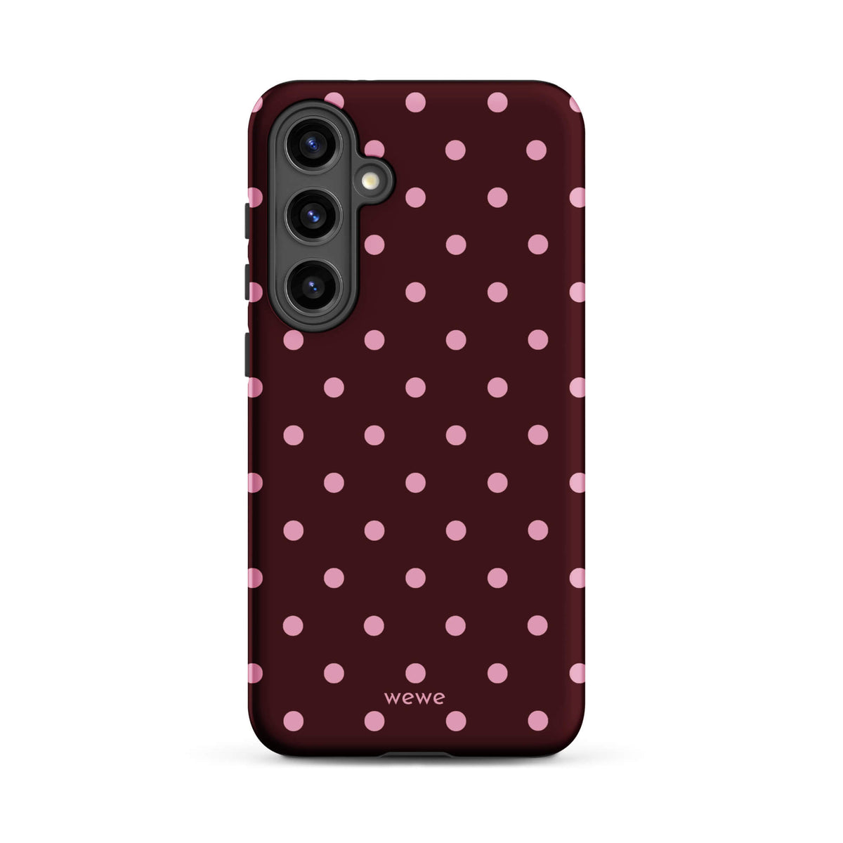 Deep burgundy iPhone case with evenly spaced soft-pink polka dots