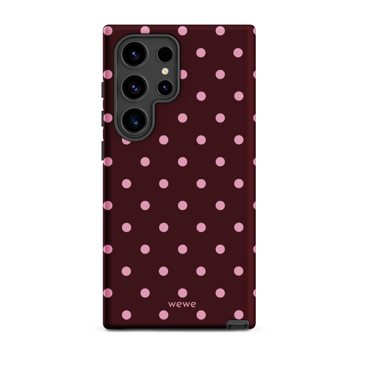 Deep burgundy iPhone case with evenly spaced soft-pink polka dots