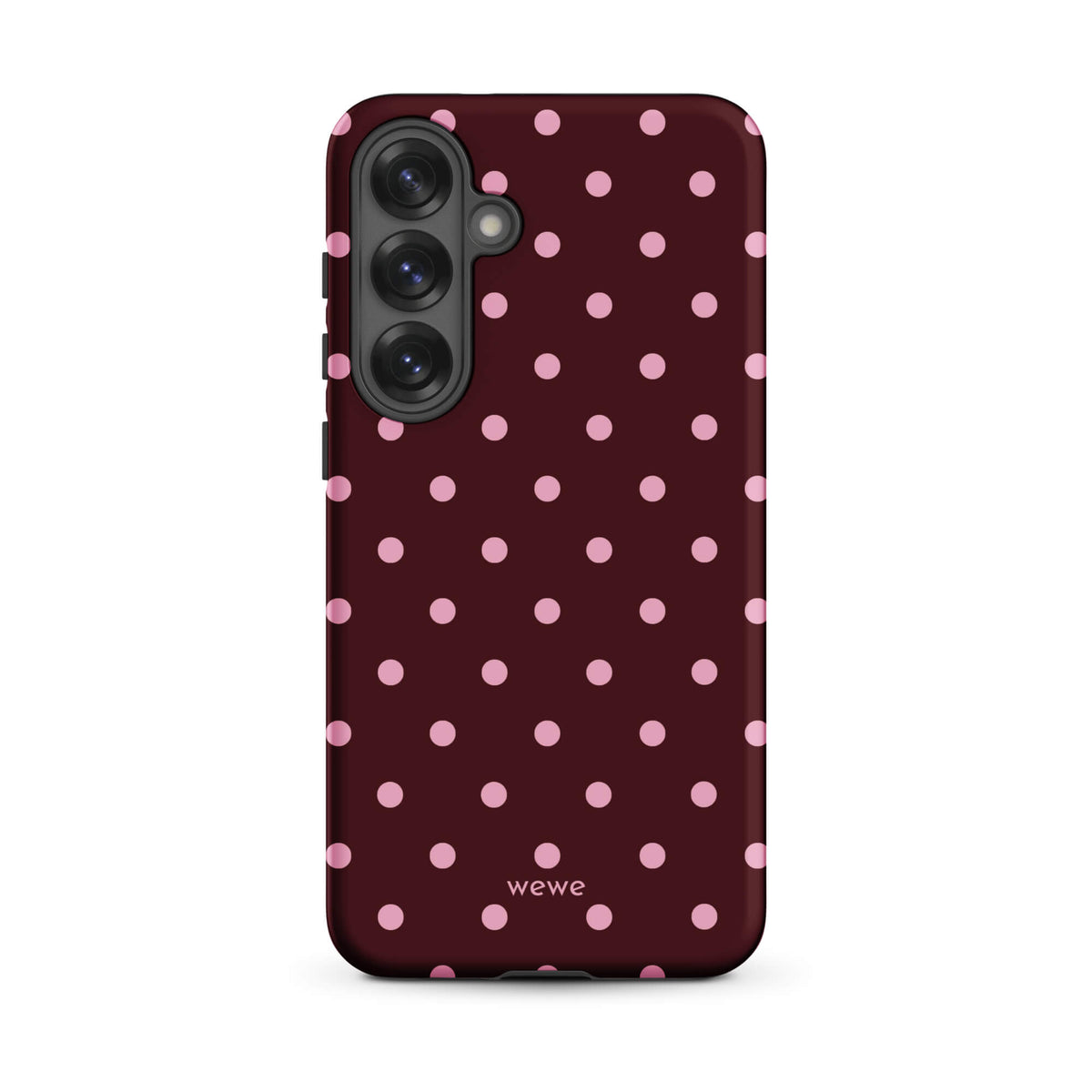 Deep burgundy iPhone case with evenly spaced soft-pink polka dots