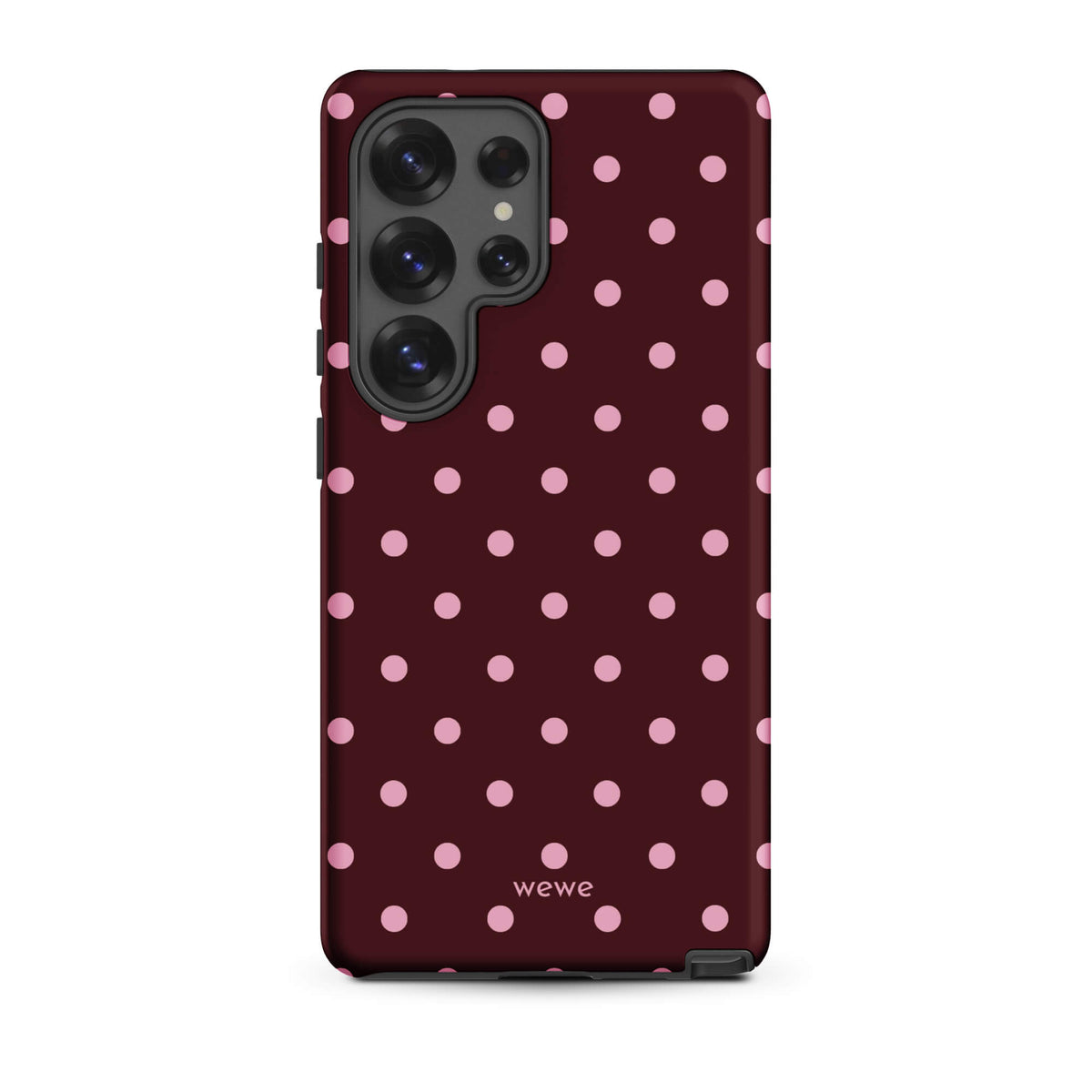 Deep burgundy iPhone case with evenly spaced soft-pink polka dots