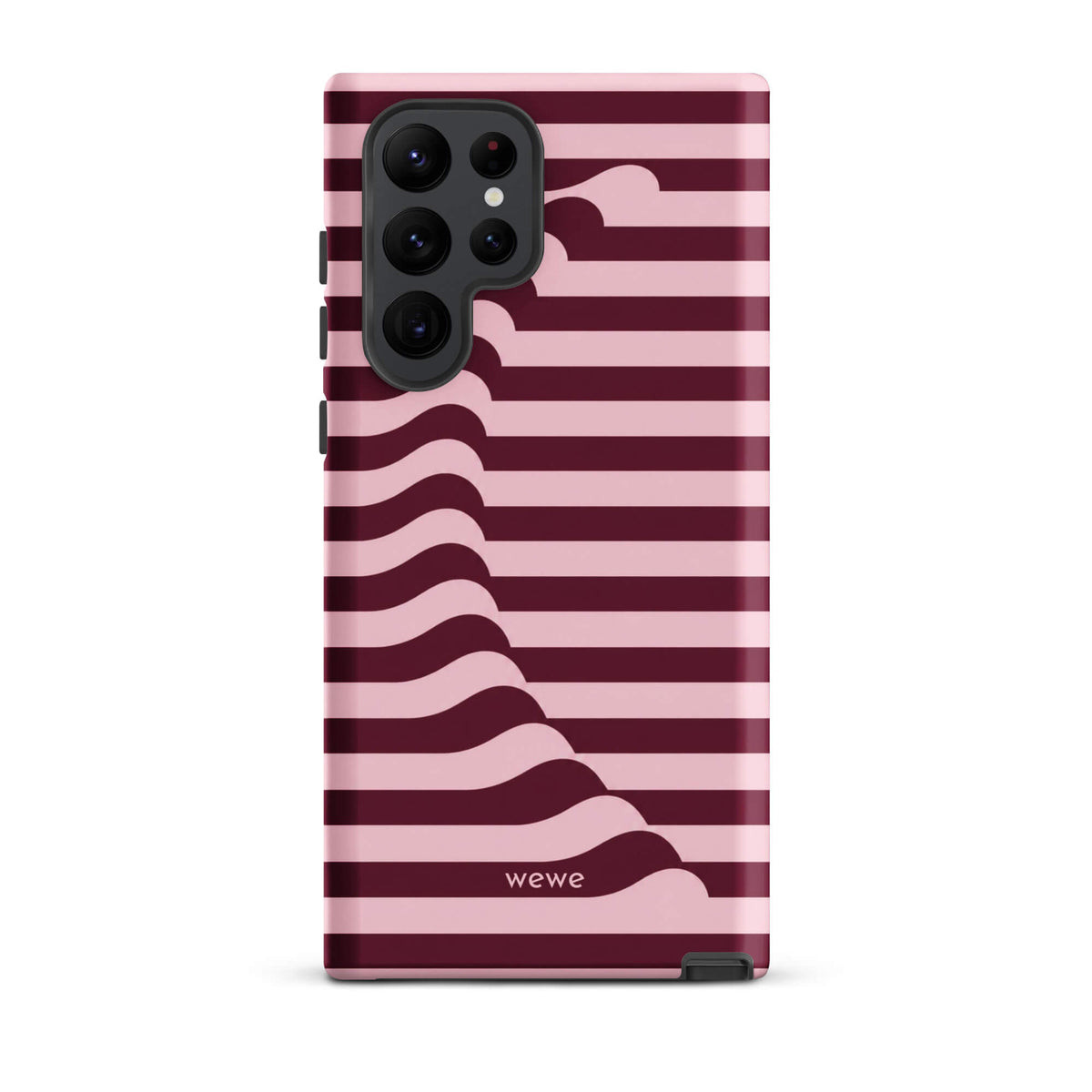 Deep burgundy and blush-pink iPhone case with horizontal stripes flowing into soft wave shapes
