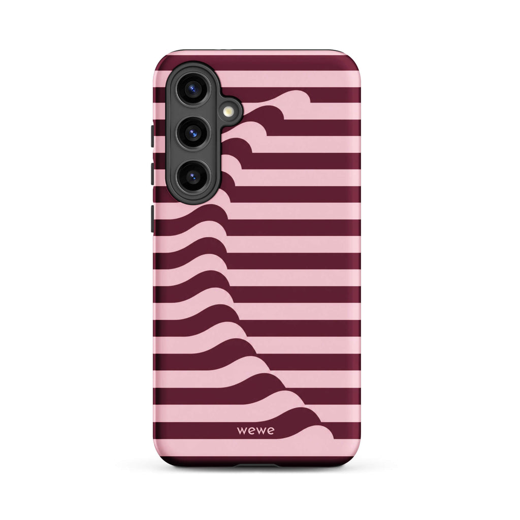 Deep burgundy and blush-pink iPhone case with horizontal stripes flowing into soft wave shapes