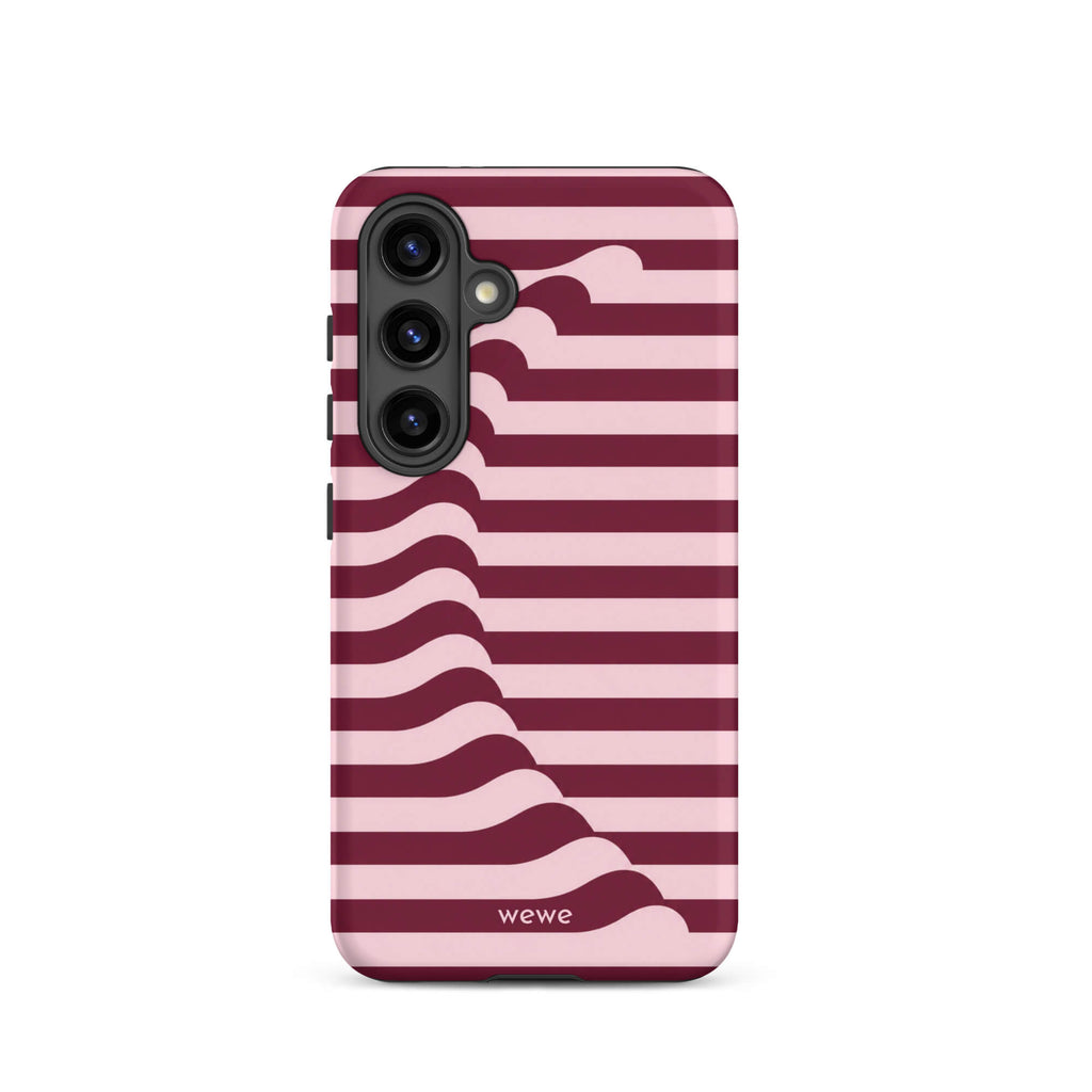 Deep burgundy and blush-pink iPhone case with horizontal stripes flowing into soft wave shapes