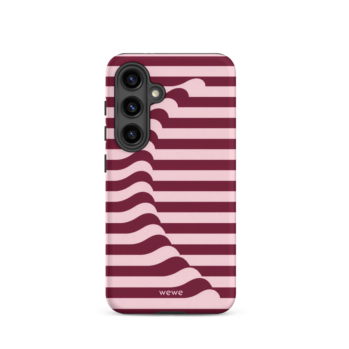 Deep burgundy and blush-pink iPhone case with horizontal stripes flowing into soft wave shapes