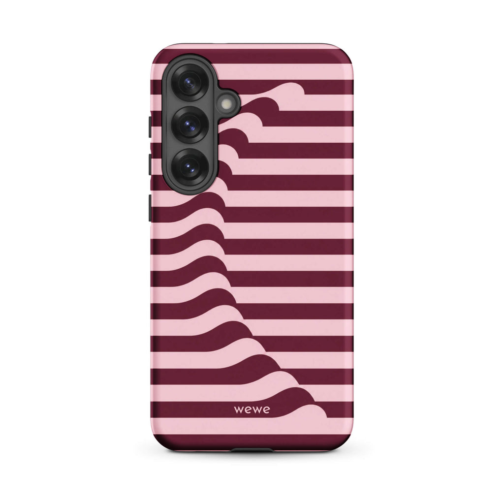 Deep burgundy and blush-pink iPhone case with horizontal stripes flowing into soft wave shapes