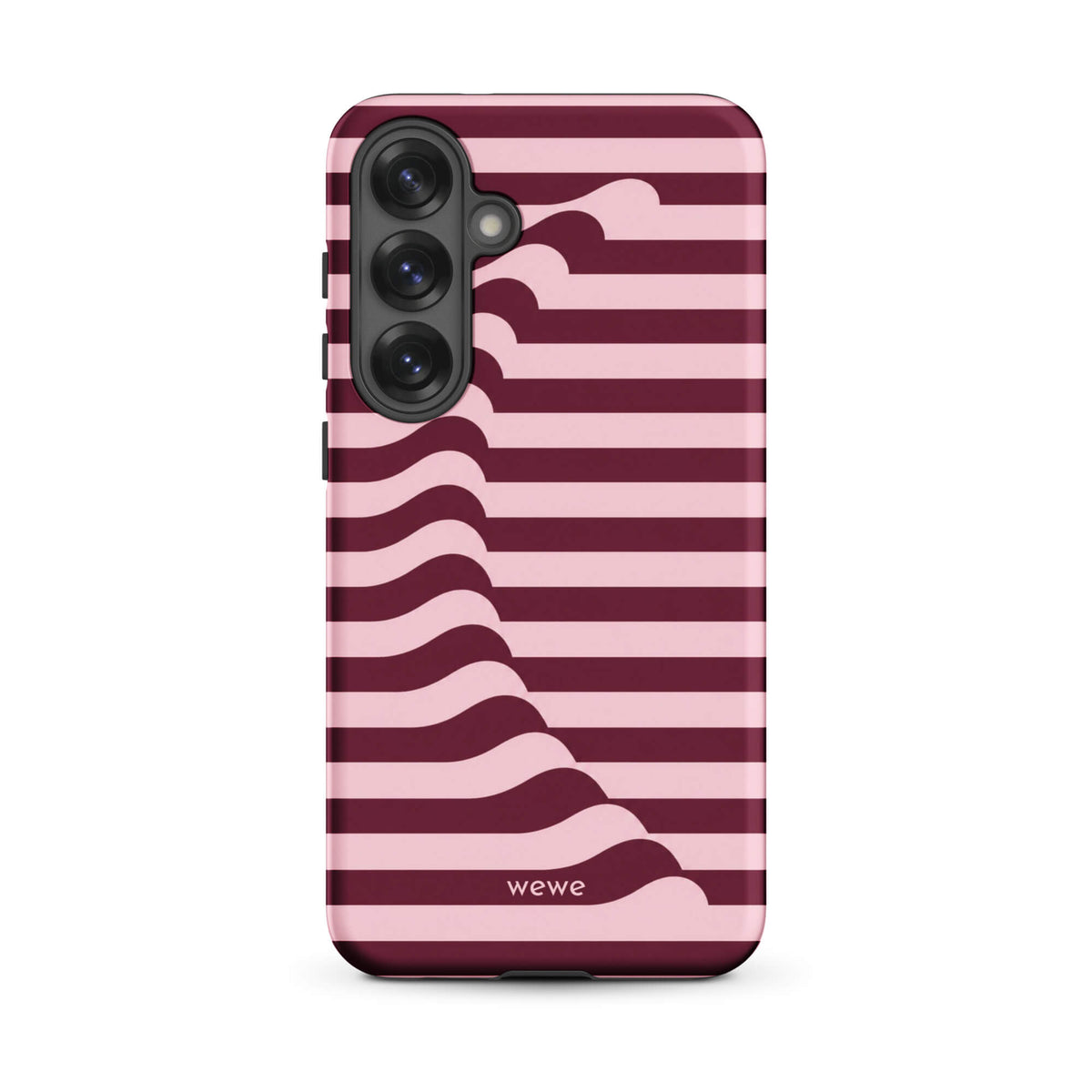 Deep burgundy and blush-pink iPhone case with horizontal stripes flowing into soft wave shapes