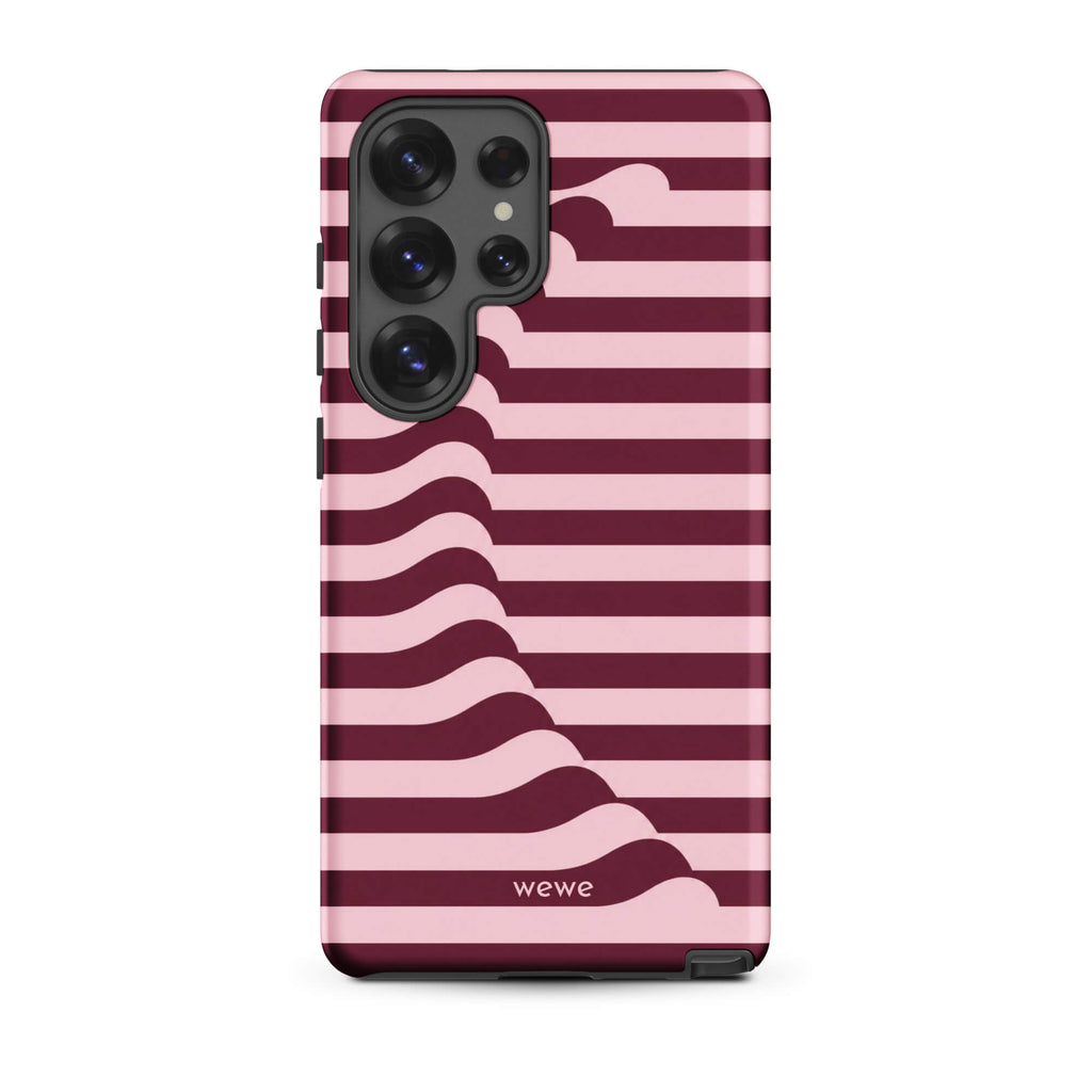 Deep burgundy and blush-pink iPhone case with horizontal stripes flowing into soft wave shapes