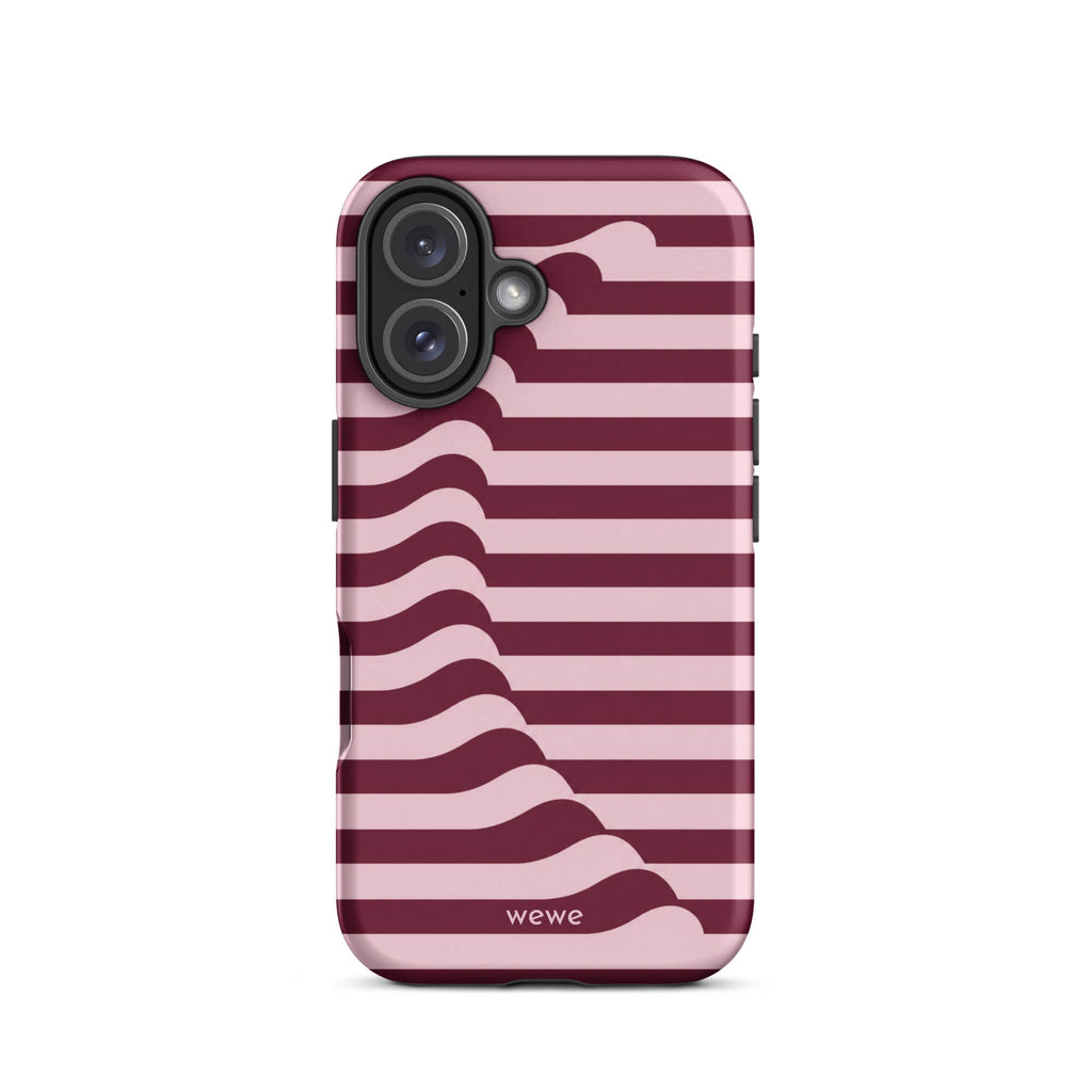 Deep burgundy and blush-pink iPhone case with horizontal stripes flowing into soft wave shapes