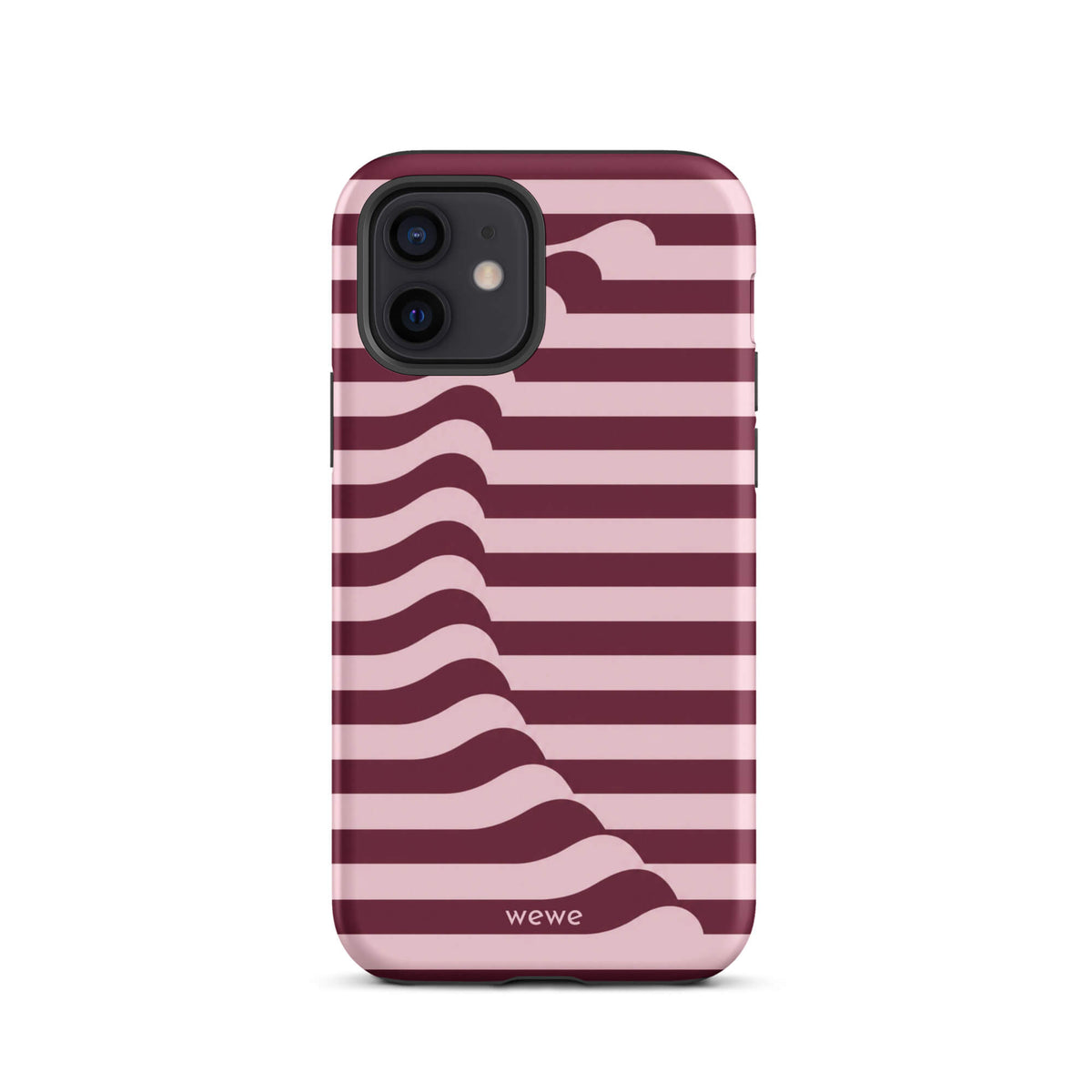 Deep burgundy and blush-pink iPhone case with horizontal stripes flowing into soft wave shapes