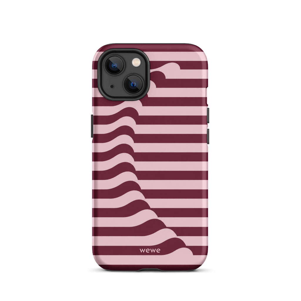 Deep burgundy and blush-pink iPhone case with horizontal stripes flowing into soft wave shapes