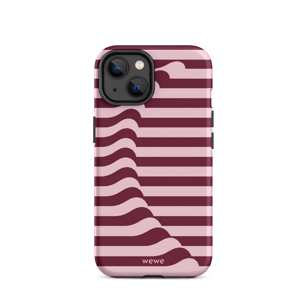 Deep burgundy and blush-pink iPhone case with horizontal stripes flowing into soft wave shapes
