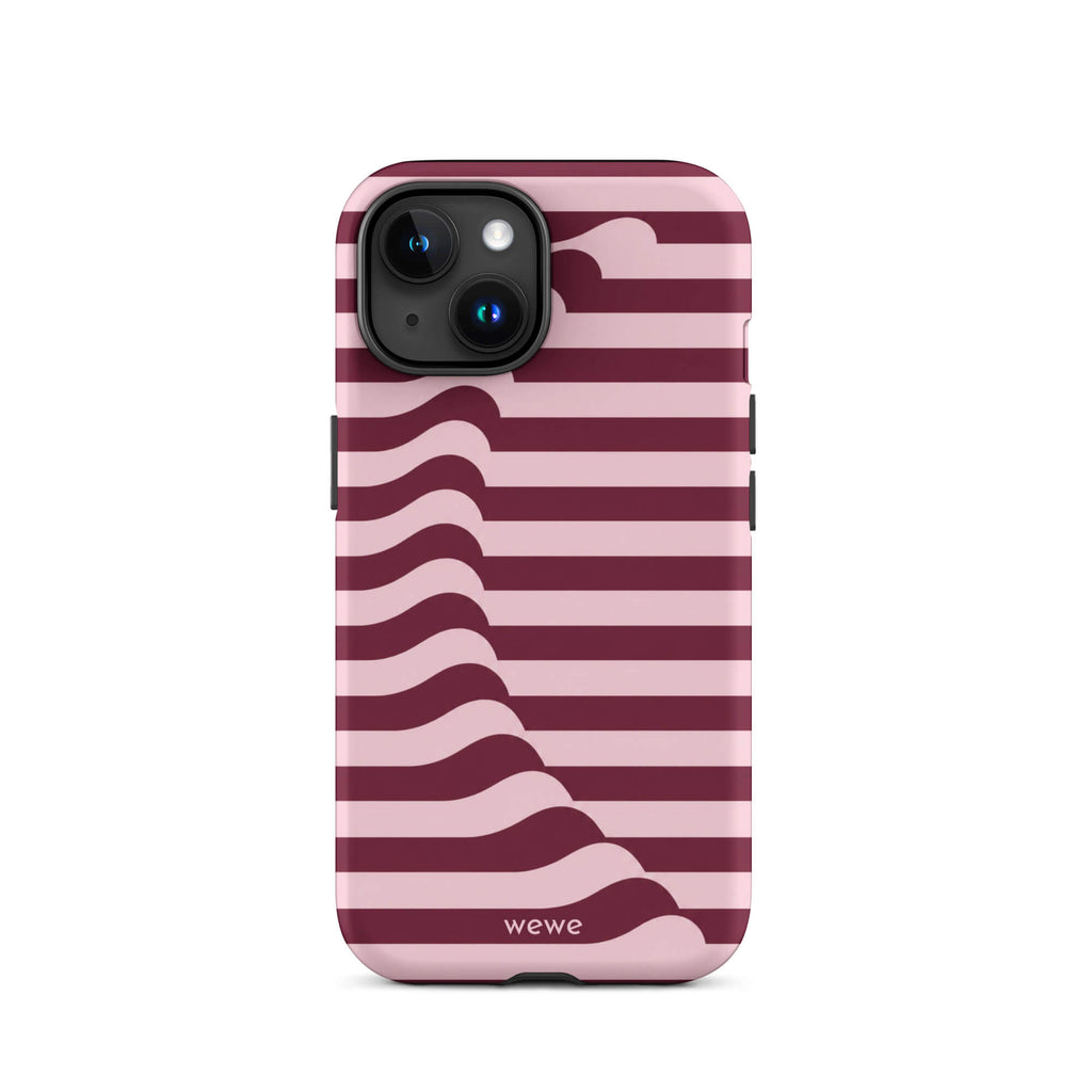 Deep burgundy and blush-pink iPhone case with horizontal stripes flowing into soft wave shapes