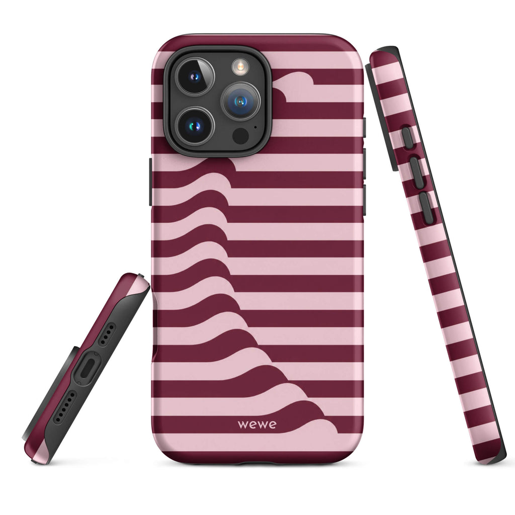 Deep burgundy and blush-pink iPhone case with horizontal stripes flowing into soft wave shapes