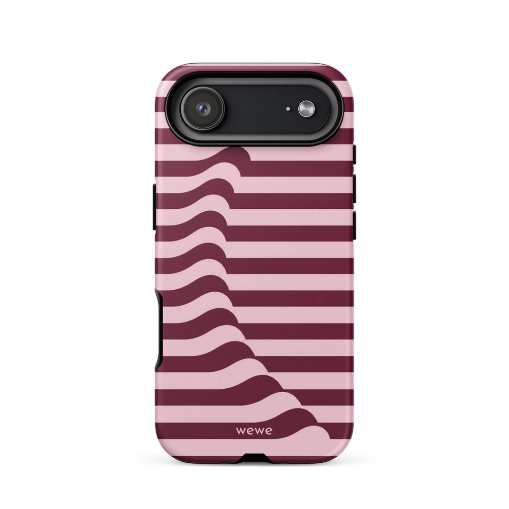 Deep burgundy and blush-pink iPhone case with horizontal stripes flowing into soft wave shapes