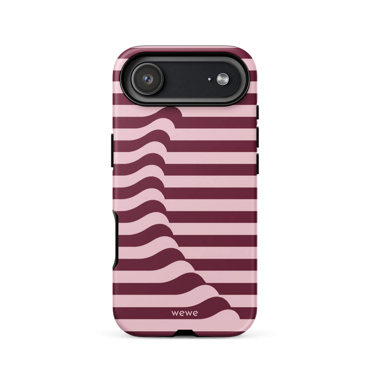 Deep burgundy and blush-pink iPhone case with horizontal stripes flowing into soft wave shapes
