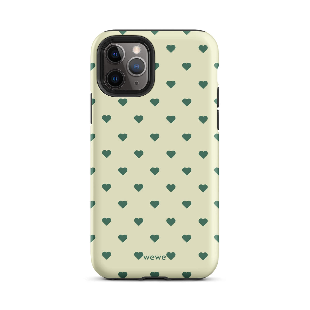 Pale buttercream iPhone case with evenly spaced forest-green mini hearts