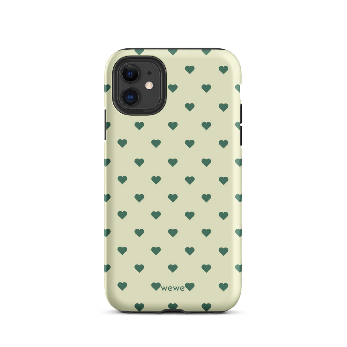 Pale buttercream iPhone case with evenly spaced forest-green mini hearts