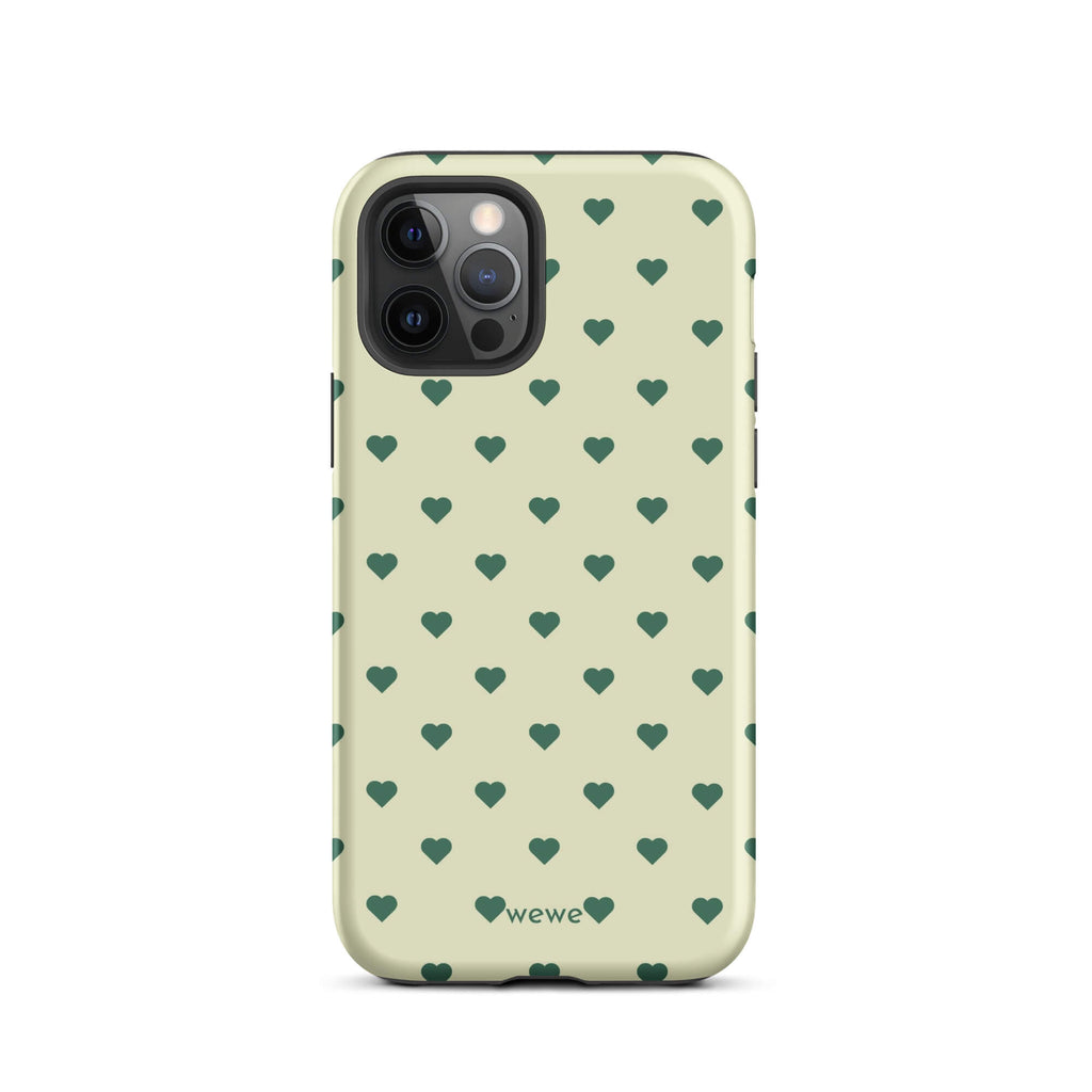 Pale buttercream iPhone case with evenly spaced forest-green mini hearts