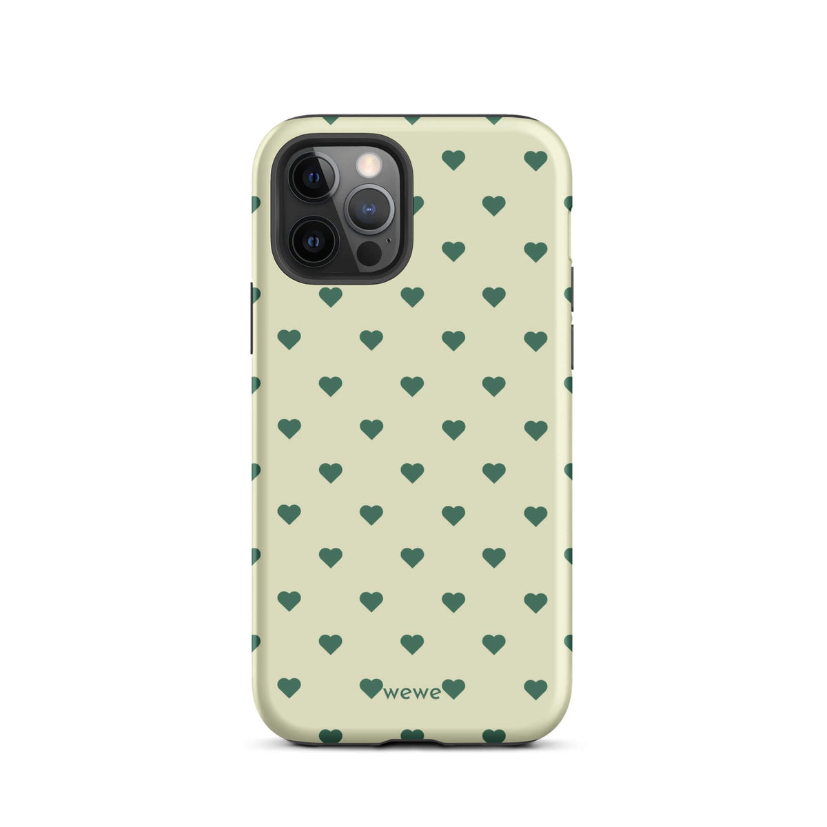 Pale buttercream iPhone case with evenly spaced forest-green mini hearts